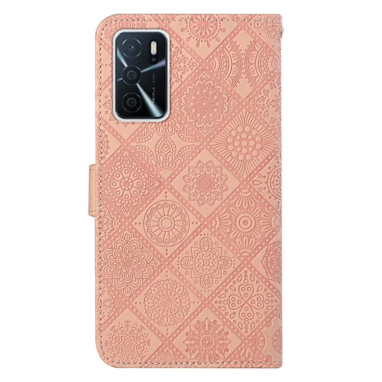 Stand Feature Ethnic Style Imprinted Flower PU Leather Magnetic Flip Shockproof Protective Case with Strap for Oppo A16 - Pink