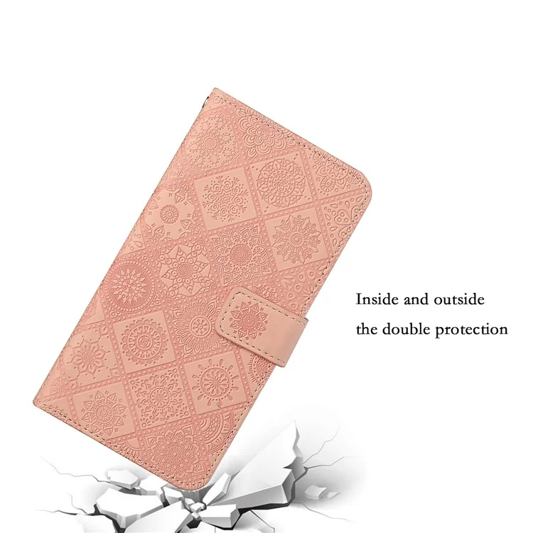 Stand Feature Ethnic Style Imprinted Flower PU Leather Magnetic Flip Shockproof Protective Case with Strap for Oppo A16 - Pink