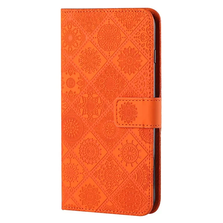 Stand Feature Ethnic Style Imprinted Flower PU Leather Magnetic Flip Shockproof Protective Case with Strap for Oppo A16 - Orange