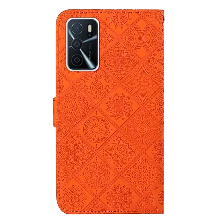 Stand Feature Ethnic Style Imprinted Flower PU Leather Magnetic Flip Shockproof Protective Case with Strap for Oppo A16 - Orange