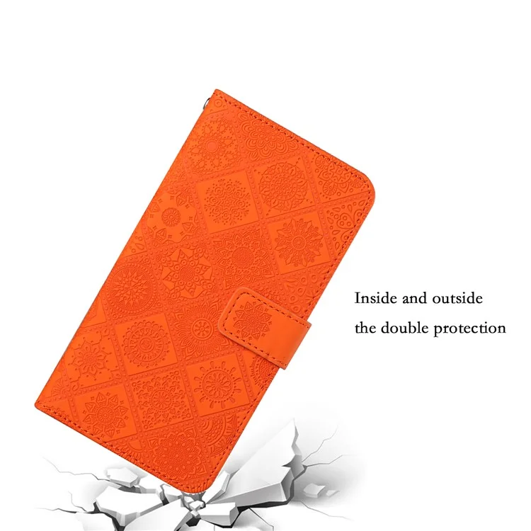 Stand Feature Ethnic Style Imprinted Flower PU Leather Magnetic Flip Shockproof Protective Case with Strap for Oppo A16 - Orange