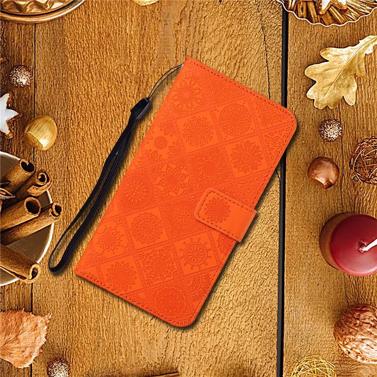 Stand Feature Ethnic Style Imprinted Flower PU Leather Magnetic Flip Shockproof Protective Case with Strap for Oppo A16 - Orange