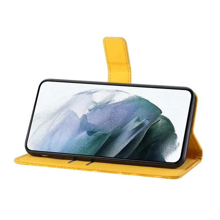 Stand Feature Ethnic Style Imprinted Flower PU Leather Magnetic Flip Shockproof Protective Case with Strap for Oppo A16 - Yellow