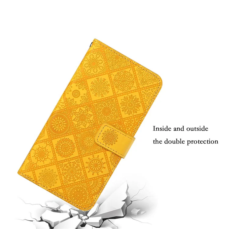 Stand Feature Ethnic Style Imprinted Flower PU Leather Magnetic Flip Shockproof Protective Case with Strap for Oppo A16 - Yellow