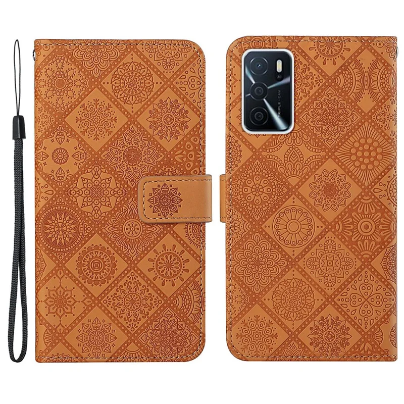 Stand Feature Ethnic Style Imprinted Flower PU Leather Magnetic Flip Shockproof Protective Case with Strap for Oppo A16 - Brown