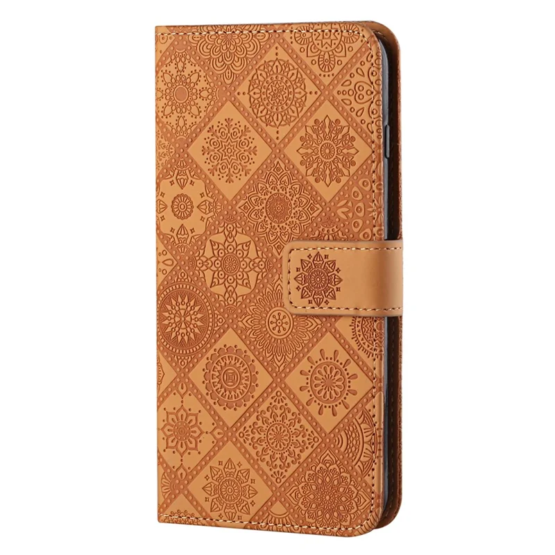 Stand Feature Ethnic Style Imprinted Flower PU Leather Magnetic Flip Shockproof Protective Case with Strap for Oppo A16 - Brown