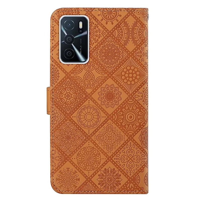 Stand Feature Ethnic Style Imprinted Flower PU Leather Magnetic Flip Shockproof Protective Case with Strap for Oppo A16 - Brown