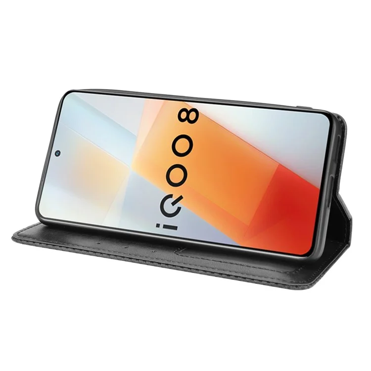 Retrò Superficie Strutturata Del Cuoio Del Telefono Della Copertura Del Basamento Della Cassa Del Raccoglitore Anti-goccia Per Il Vivo Iqoo 8 - Nero