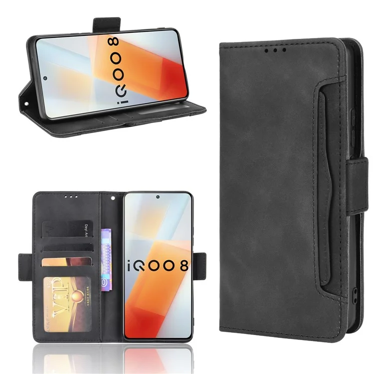 Multiple Card Slot Design Flip Phone Case PU Leather Wallet Cover Protector for vivo iQOO 8 - Black