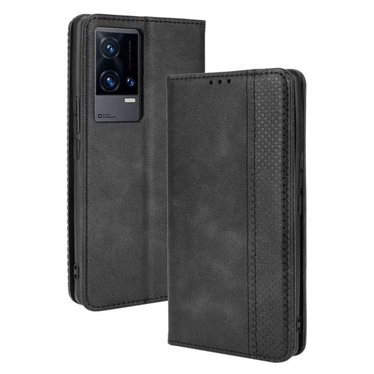 Portefeuille De Portefeuille Rétro Texture Texture Anti-goutte Coffre Coffre Cover Stand Pour Vivo IQOO 8 PRO - Le Noir