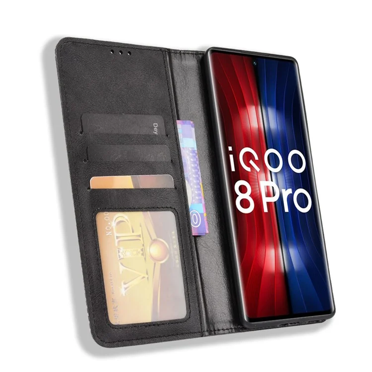 Portefeuille De Portefeuille Rétro Texture Texture Anti-goutte Coffre Coffre Cover Stand Pour Vivo IQOO 8 PRO - Le Noir