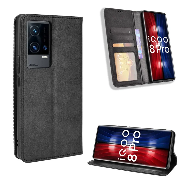 Portefeuille De Portefeuille Rétro Texture Texture Anti-goutte Coffre Coffre Cover Stand Pour Vivo IQOO 8 PRO - Le Noir