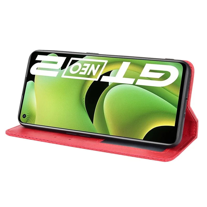 Pour Realme GT Neo2 5G / GT Neo 3T 5G Anti-Drop Retro Textured Surface Protective Phone Couber Cleft Wallef - Rouge