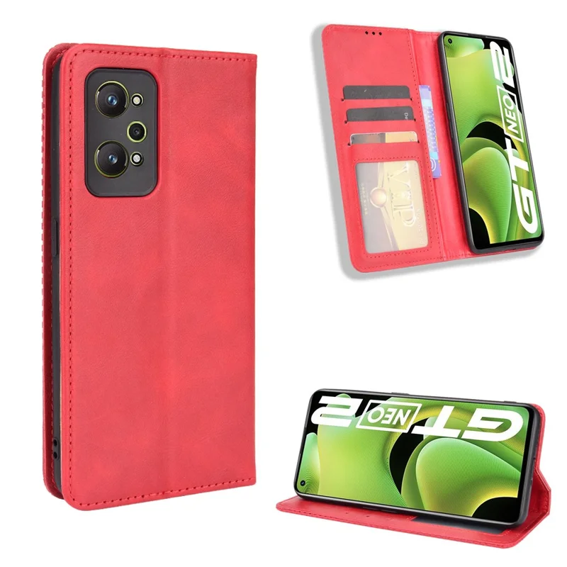 Pour Realme GT Neo2 5G / GT Neo 3T 5G Anti-Drop Retro Textured Surface Protective Phone Couber Cleft Wallef - Rouge