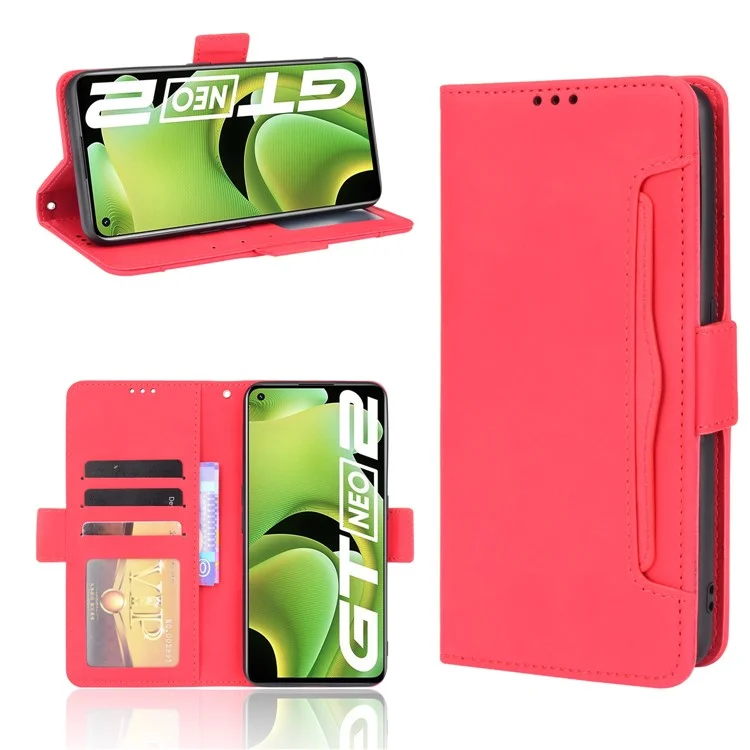 For Realme GT Neo2 5G/GT Neo 3T 5G Large Storage Spece Flip Phone Case Multiple Card Slot Design PU Leather Wallet Cover Protector - Red