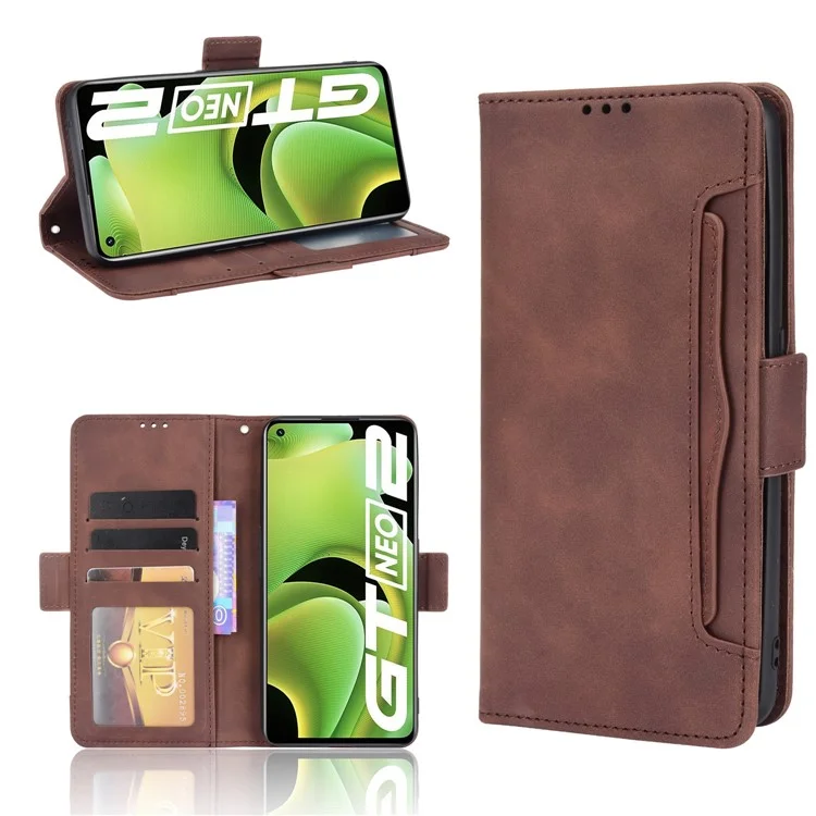 For Realme GT Neo2 5G/GT Neo 3T 5G Large Storage Spece Flip Phone Case Multiple Card Slot Design PU Leather Wallet Cover Protector - Brown