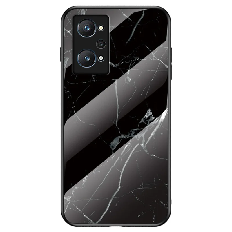 Marmerpatroon Stootbestendig Lichtgewicht Flexibele TPU Frame PC en Gehard Glas Achterkant Hoesje voor Realme GT Neo2 5G/GT Neo 3T 5G - Zwart Marmer