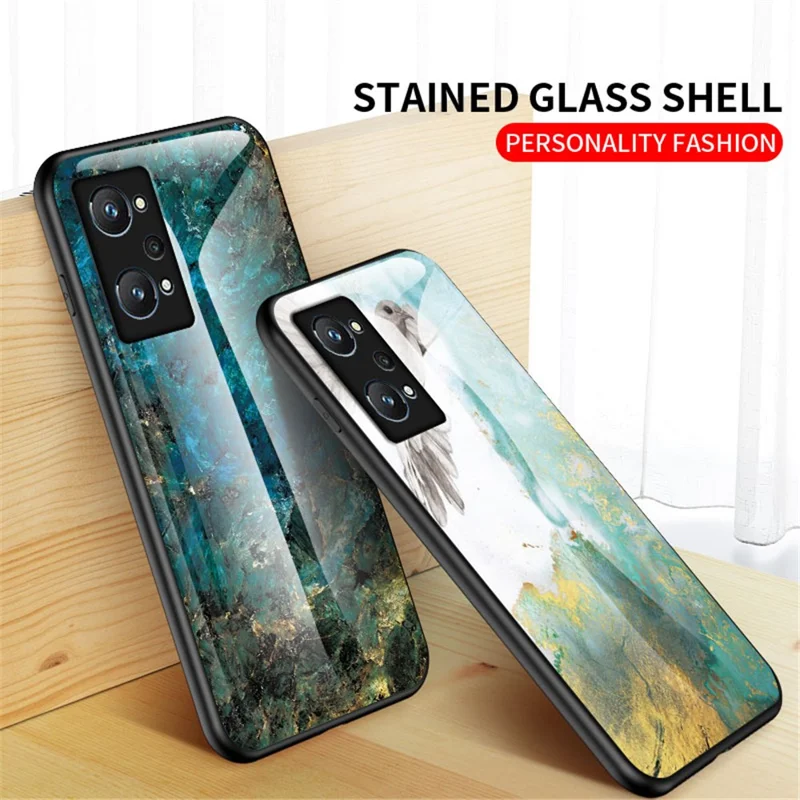 Marmerpatroon Stootbestendig Lichtgewicht Flexibele TPU Frame PC en Gehard Glas Achterkant Hoesje voor Realme GT Neo2 5G/GT Neo 3T 5G - Zwart Marmer