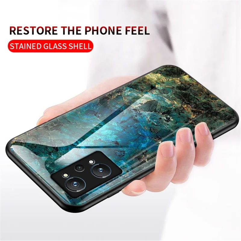 Marmerpatroon Stootbestendig Lichtgewicht Flexibele TPU Frame PC en Gehard Glas Achterkant Hoesje voor Realme GT Neo2 5G/GT Neo 3T 5G - Zwart Marmer