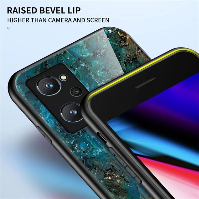 Marmerpatroon Stootbestendig Lichtgewicht Flexibele TPU Frame PC en Gehard Glas Achterkant Hoesje voor Realme GT Neo2 5G/GT Neo 3T 5G - Zwart Marmer
