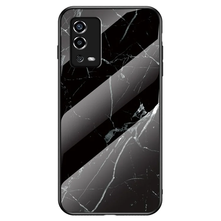 Marble Pattern Shockproof TPU Frame Tempered Glass Back Cover for Oppo A55 4G - Black Marble