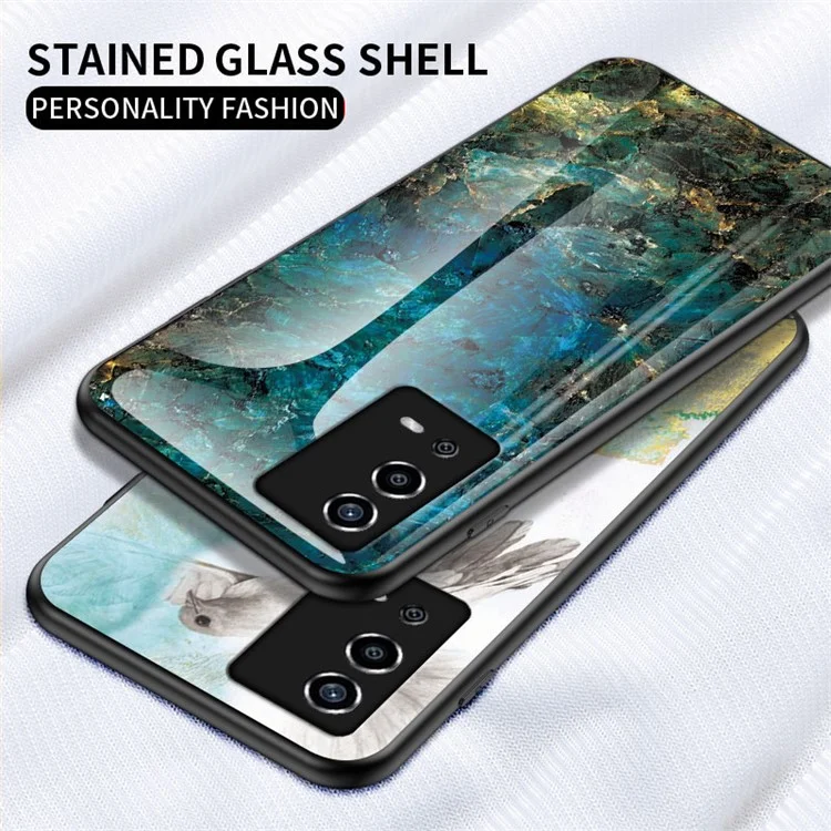 Marble Pattern Shockproof TPU Frame Tempered Glass Back Cover for Oppo A55 4G - Black Marble