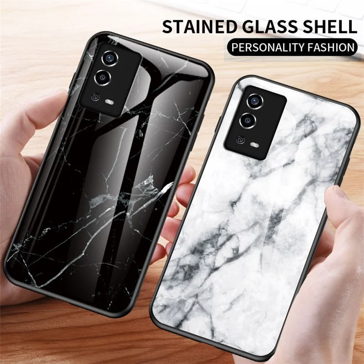 Marble Pattern Shockproof TPU Frame Tempered Glass Back Cover for Oppo A55 4G - Black Marble