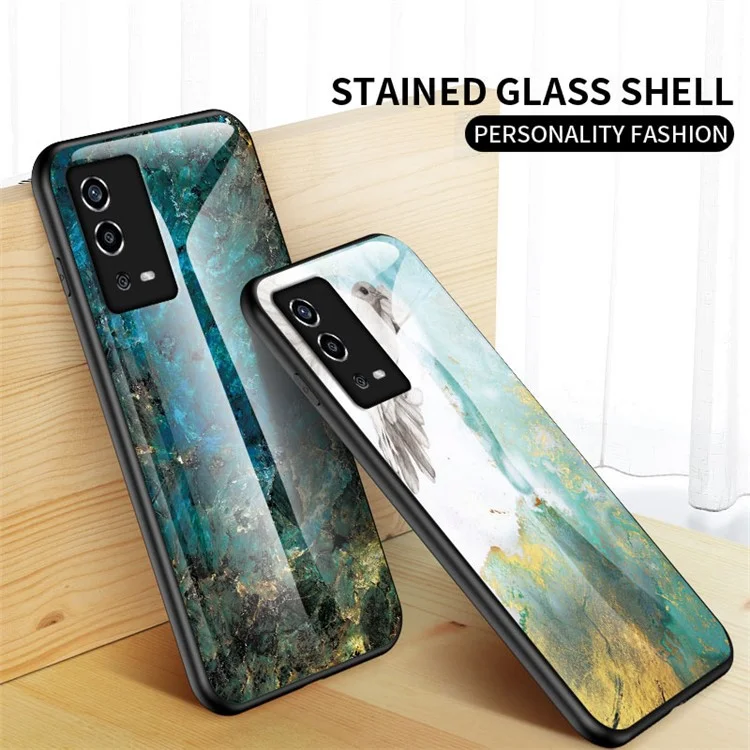 Marble Pattern Shockproof TPU Frame Tempered Glass Back Cover for Oppo A55 4G - Black Marble