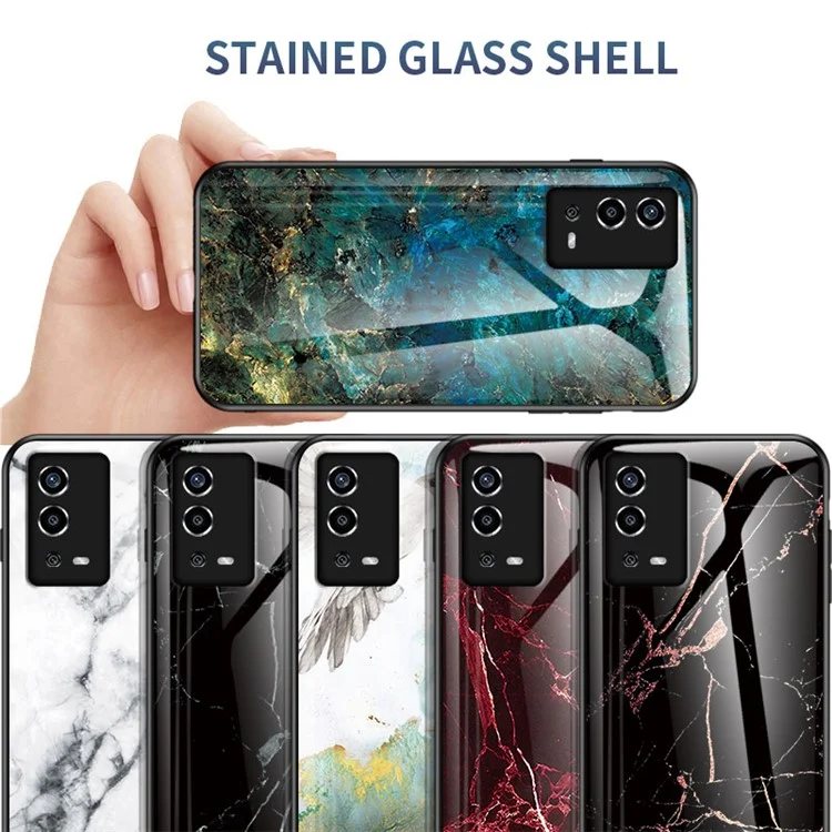 Marble Pattern Shockproof TPU Frame Tempered Glass Back Cover for Oppo A55 4G - Black Marble