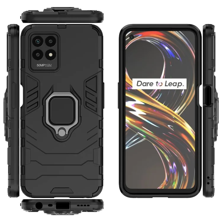 Ring Holder Kickstand Shockproof Hard PC + Soft TPU Phone Hybrid Case Cover for Realme 8i/Narzo 50 4G - Black