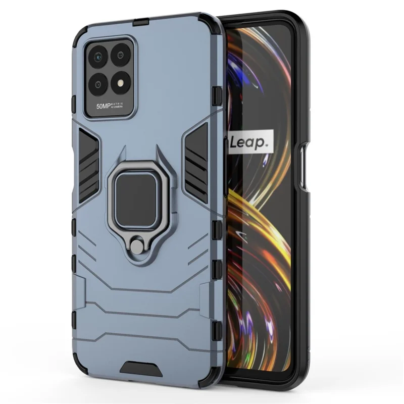 Ring Holder Kickstand Shockproof Hard PC + Soft TPU Phone Hybrid Case Cover for Realme 8i/Narzo 50 4G - Blue