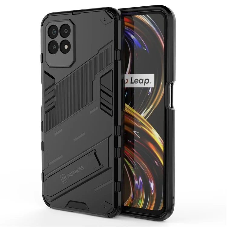 Kickstand Design Hard PC + Soft TPU Anti-Drop Hybrid Phone Case Cover per Realme 8i/Narzo 50 4G - Nero