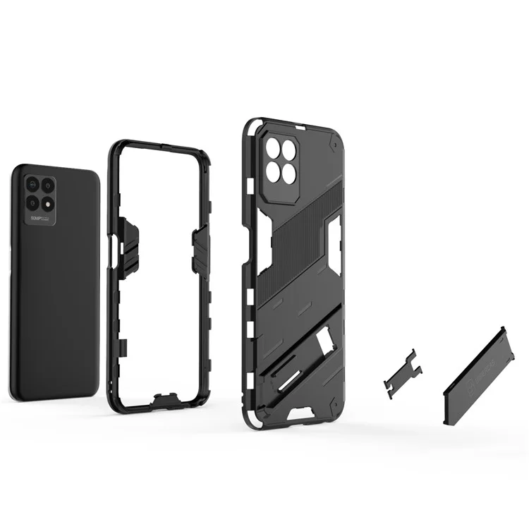Kickstand Design Hard PC + Soft TPU Anti-Drop Hybrid Phone Case Cover per Realme 8i/Narzo 50 4G - Nero