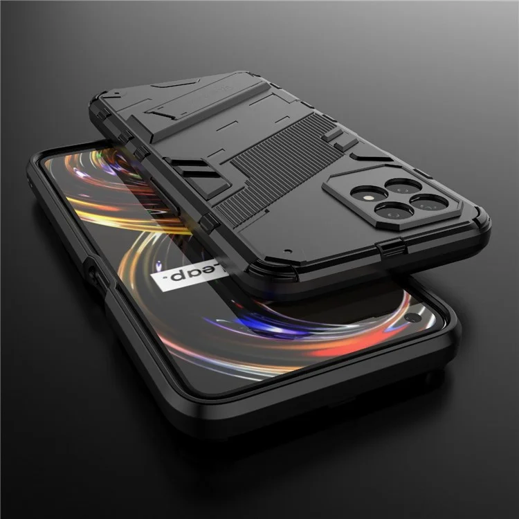 Kickstand Design Hard PC + Soft TPU Anti-Drop Hybrid Phone Case Cover per Realme 8i/Narzo 50 4G - Nero