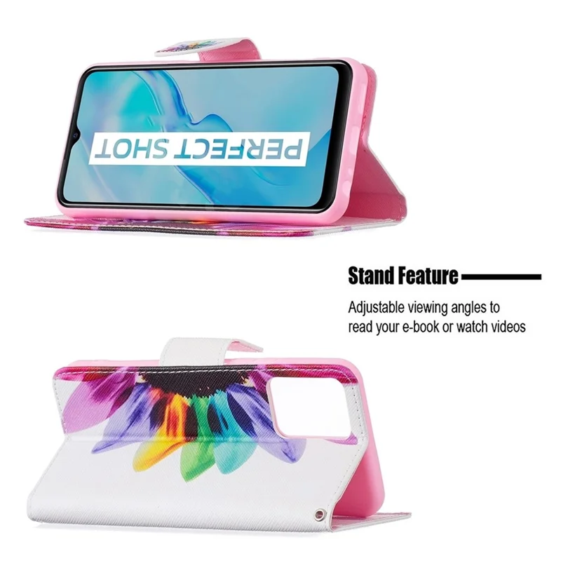 Pattern Printing PU Leather Phone Case Stand Book Design Flip Folio Cover with Wallet for vivo Y21 - Sunflower