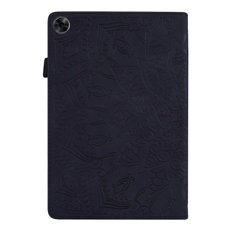 Shockproof Flip Cover Flower Pattern Imprinting Stand Design Anti-fall Leather Tablet Case with Card Slots and Pen Holder for Realme Pad - Black