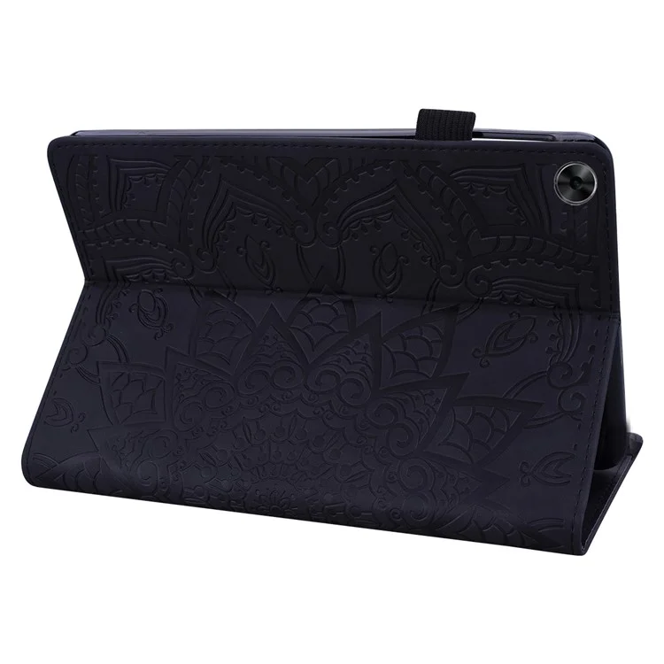 Shockproof Flip Cover Flower Pattern Imprinting Stand Design Anti-fall Leather Tablet Case with Card Slots and Pen Holder for Realme Pad - Black