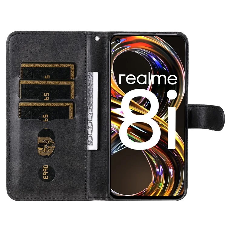 Folio Flip PU Leather Phone Case Zipper Pocket Design Wallet Drop-Resistant Case with Stand for Realme 8i/Narzo 50 4G - Black