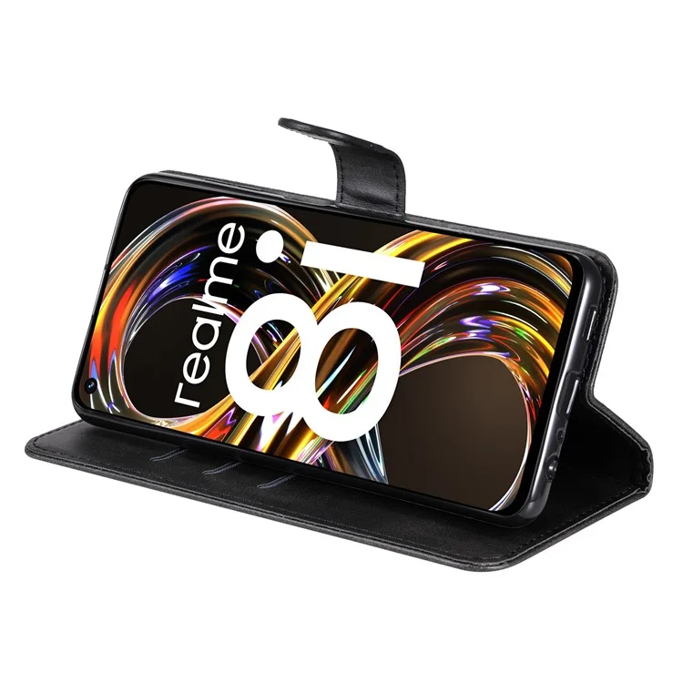 Folio Flip PU Leather Phone Case Zipper Pocket Design Wallet Drop-Resistant Case with Stand for Realme 8i/Narzo 50 4G - Black