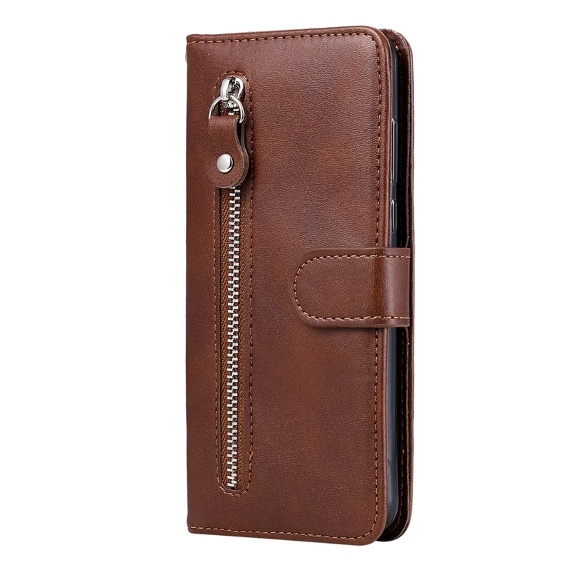 Folio Flip PU Leather Phone Case Zipper Pocket Design Wallet Drop-Resistant Case with Stand for Realme 8i/Narzo 50 4G - Brown