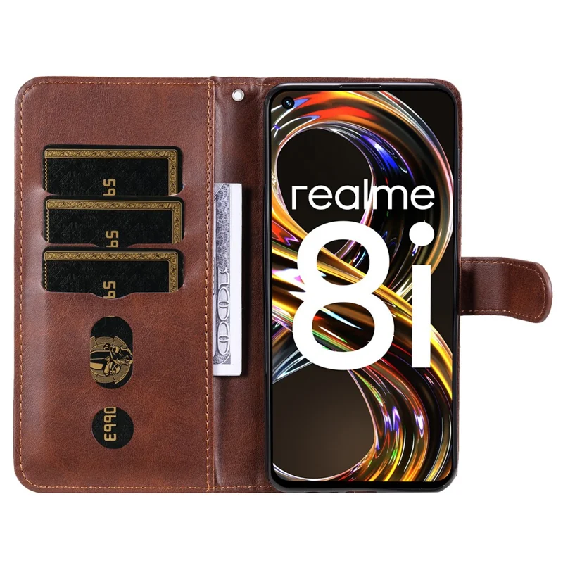Folio Flip PU Leather Phone Case Zipper Pocket Design Wallet Drop-Resistant Case with Stand for Realme 8i/Narzo 50 4G - Brown