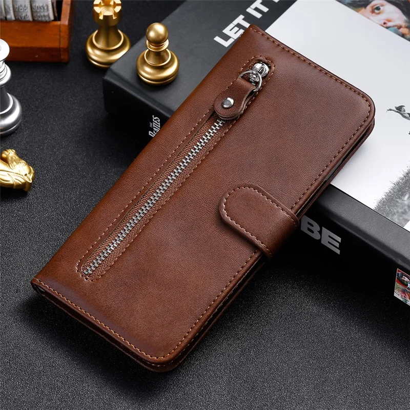 Folio Flip PU Leather Phone Case Zipper Pocket Design Wallet Drop-Resistant Case with Stand for Realme 8i/Narzo 50 4G - Brown