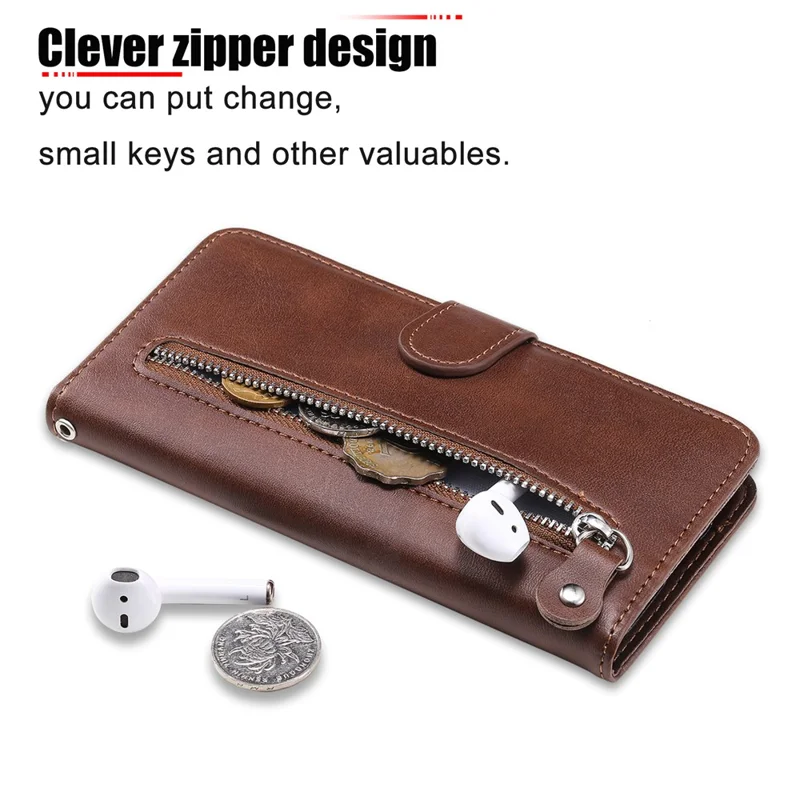 Folio Flip PU Leather Phone Case Zipper Pocket Design Wallet Drop-Resistant Case with Stand for Realme 8i/Narzo 50 4G - Brown
