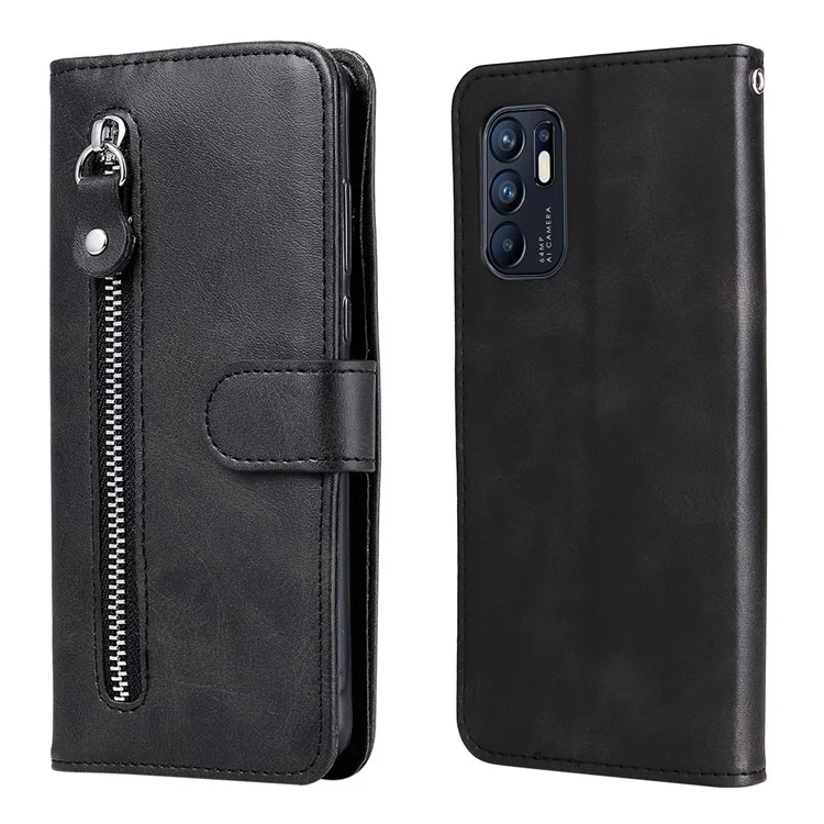 pu Leather Téléphone Boîte de Poche à Glissière Pobine de Conception du Portefeuille Anti-Collision Case de Téléphone Pour Oppo Reno6 4G - le Noir