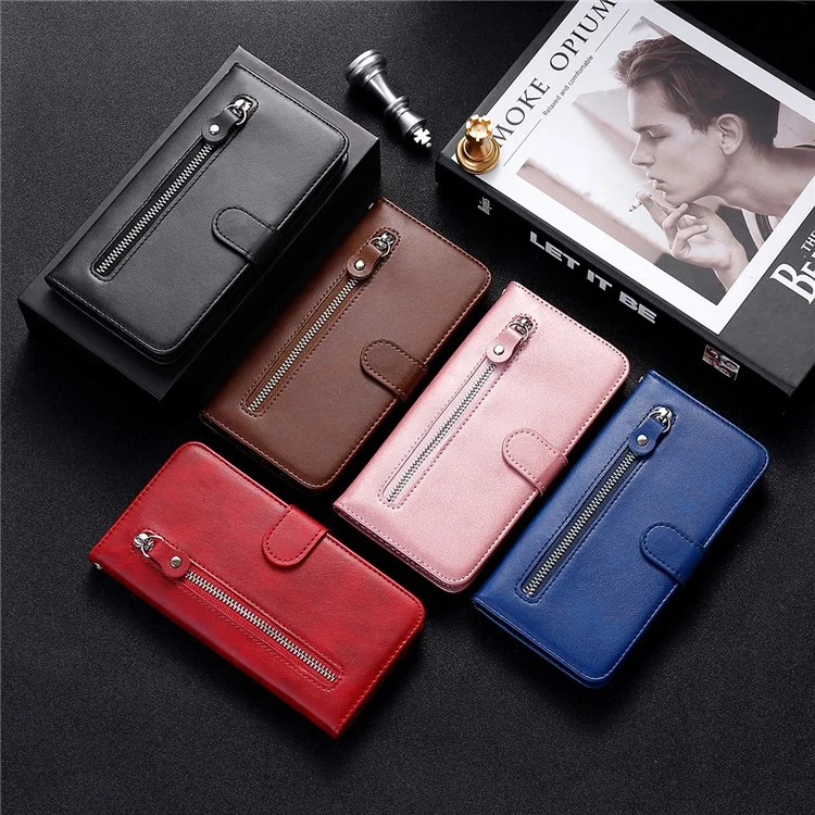 pu Leather Téléphone Boîte de Poche à Glissière Pobine de Conception du Portefeuille Anti-Collision Case de Téléphone Pour Oppo Reno6 4G - le Noir