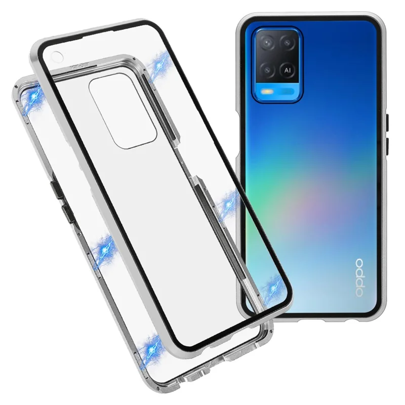 For Oppo A54 4G Full Body Case Magnetic Tempered Glass Double-Sided Phone Case - Silver