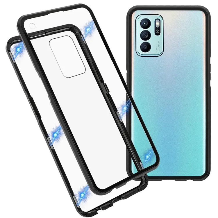 Funda de teléfono de absorción magnética de cobertura completa con marco de metal + Estuche híbrido de vidrio templado de doble cara para Oppo Reno6 Z - Negro
