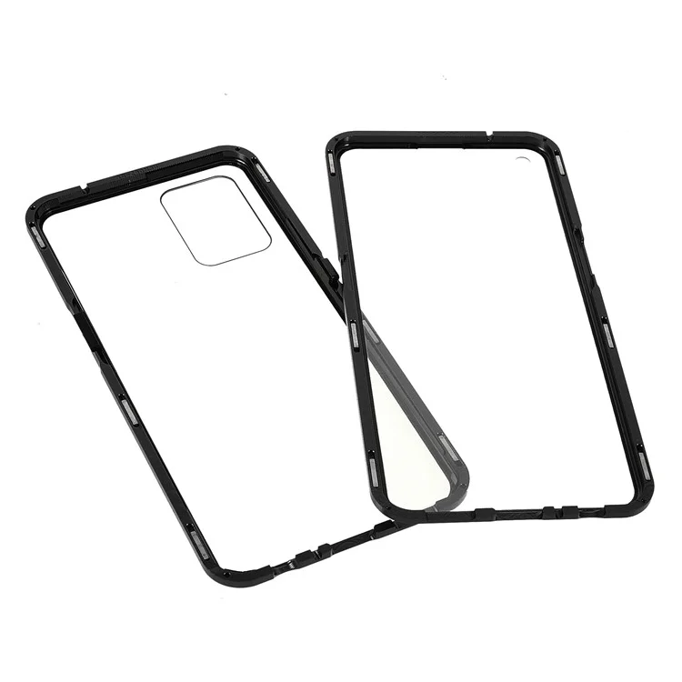 Funda de teléfono de absorción magnética de cobertura completa con marco de metal + Estuche híbrido de vidrio templado de doble cara para Oppo Reno6 Z - Negro