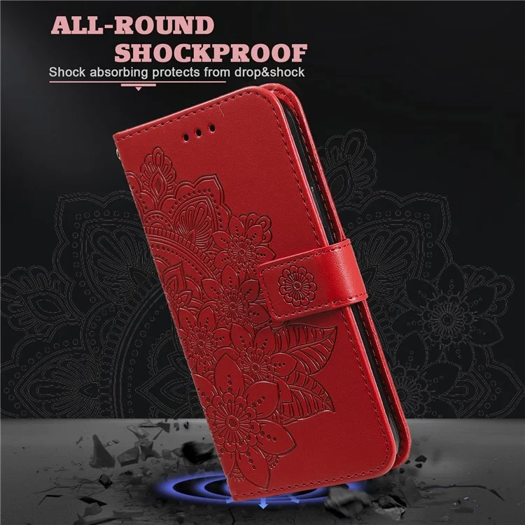 Imprinting Flower Pattern Phone Cover PU Leather + TPU Wallet Stand Protective Case with Hand Strap for Oppo Reno6 4G - Red