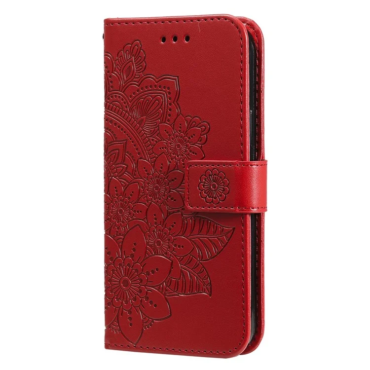 Imprinting Flower Pattern Phone Cover PU Leather + TPU Wallet Stand Protective Case with Hand Strap for Oppo Reno6 4G - Red